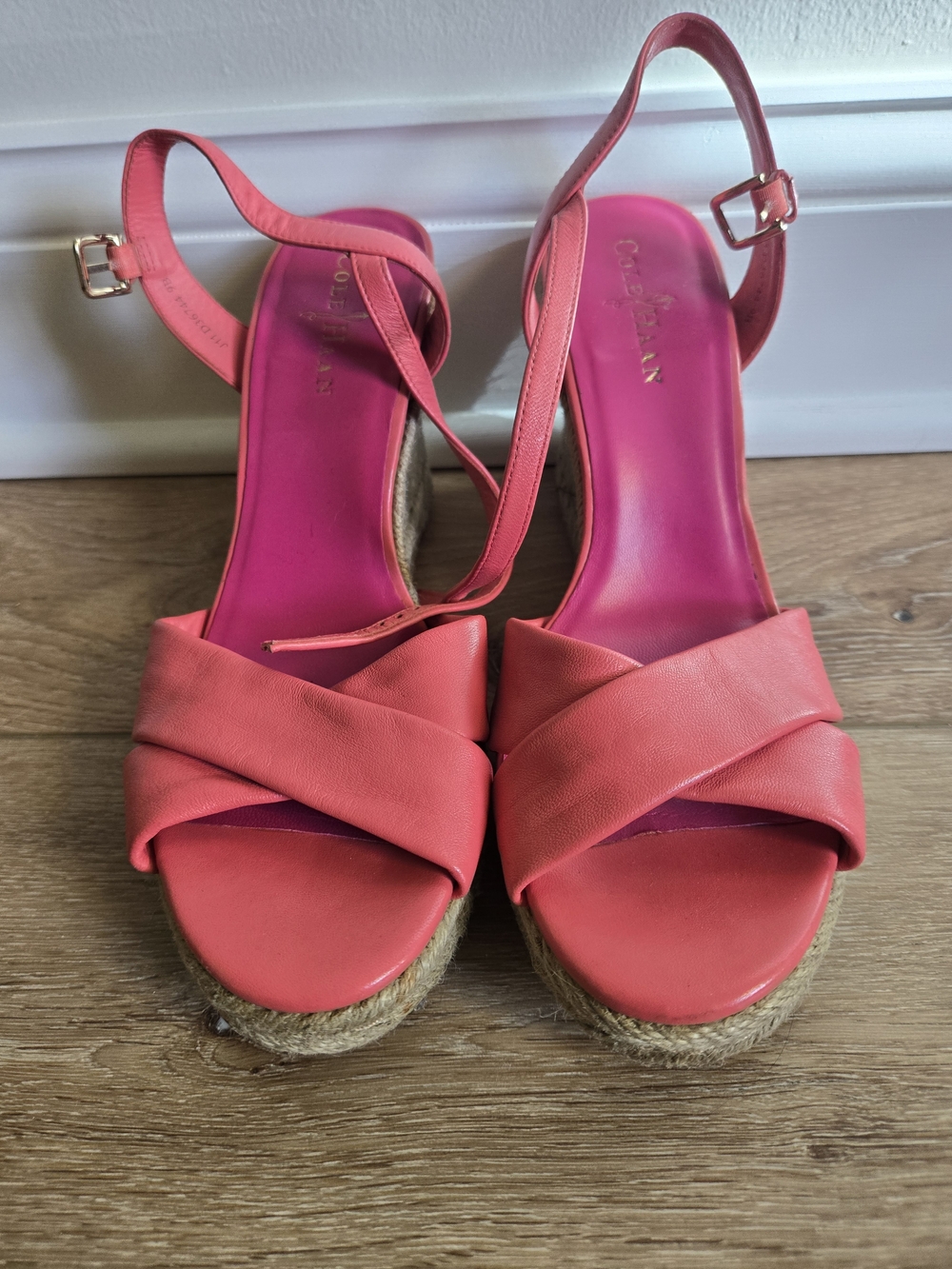 Cole Haan Coral Pink Crisscross Espadrille Wedge Sandals